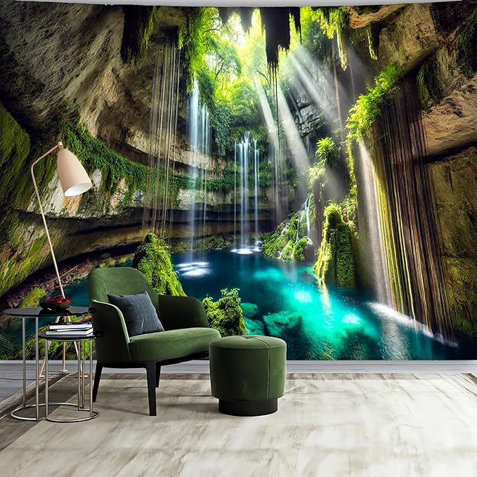 BSFHH Nature Tapestry Forest Tree Sea Cave Wall Hanging, Stream Through Rainforest Landscape Wall Art Tapestry for Bedroom Living room (Fall, 79"×59", Unframed)