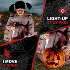 Haunted Hill Farm Lunging Pumpkin Carver Zombie Girl by Tekky, Motion-Activated Talking Halloween Animatronic for Indoor or Covered Outdoor Creepy Halloween Decorations, Plug-in or Battery Operated