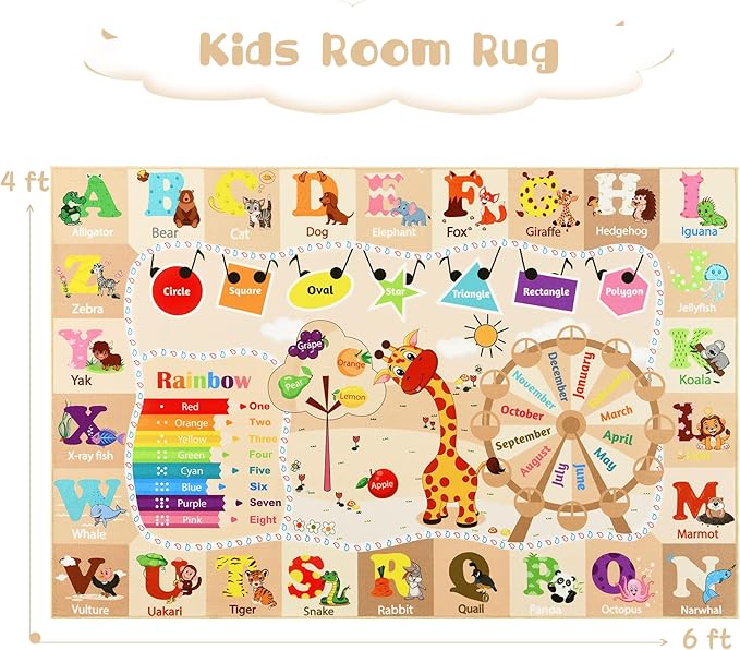4x6 Playroom Rugs for Kids Washable, Educational and Fun Playmat with ABC Alphabet Animals Shapes Colors, Non-Slip Play Mat Learning Rugs for Baby Toddler Children Game Activity, Beige
