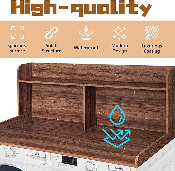 Royxen 2-Tier Washer Dryer Countertop,19.5" H Wood Washer and Dryer Topper with Shelf,Laundry Countertop Over Washer and Dryer, Universal Fit for Laundry Room Organization (Walunt, 54" WX27.5 D)