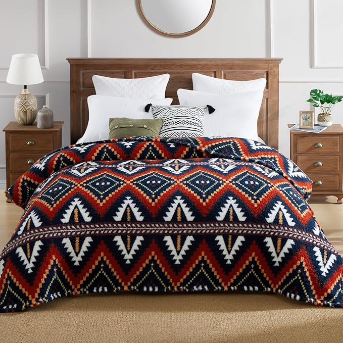 CASAAGUSTO Boho Sherpa Throw Blanket, Aztec King Size Blanket, Ultra Soft, Warm, Cozy, Plush, Thick Fleece Bohemian Throw Blanket for Couch, Bed, Sofa (Navy 108 * 90 Inch)
