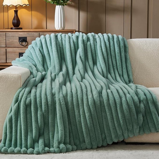 NEWCOSPLAY Faux Fur Throw Blanket New Sage Green 3D Ribbed Plush Thick Warm Blanket for Couch Sofa Bed 850GSM (New Sage Green Ribbed, Throw(50"x60"))