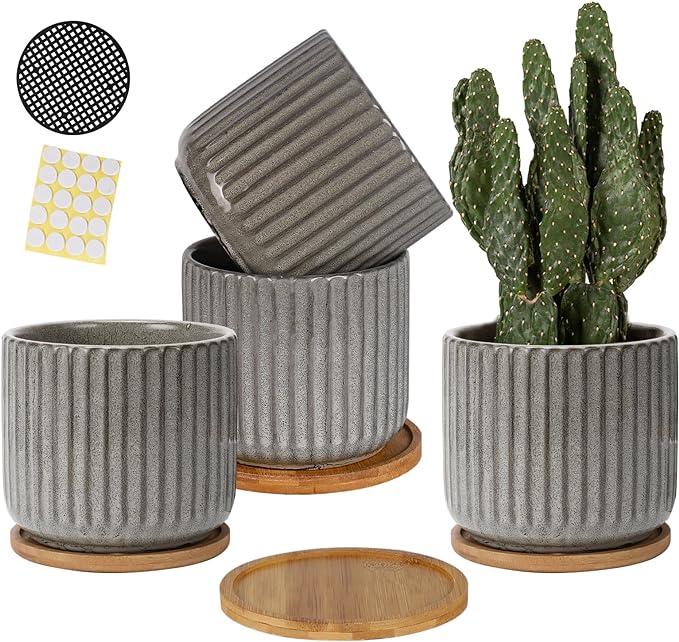 TAMAYKIM 5.25 Inch Ceramic Plant Pots with Drainage Holes and Saucers, Modern Flower Pots with Trays for Indoor Planters, Snake Plant, Succulent, Cactus and Herbs, Set of 4