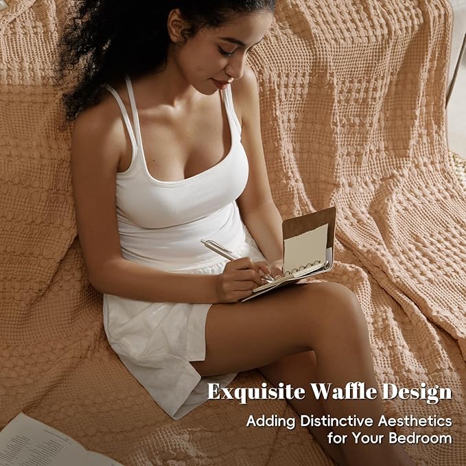 PHF 100% Cotton Waffle Weave Blanket Queen Size, Soft Lightweight Breathable Cozy Summer Blankets for Bed, Luxury Aesthetic Woven Bedding for Home Decor, 90"x90", Camel