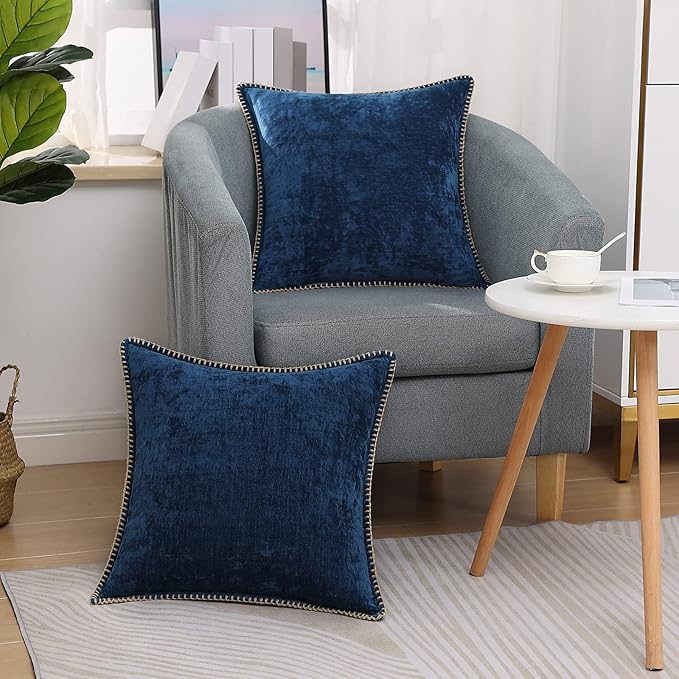decorUhome Chenille Soft Throw Pillow Covers 18x18 Set of 2, Farmhouse Velvet Neutral Decorative Euro Pillow Covers with Stitched Edge for Couch Sofa Bed Home Decor, Poseidon