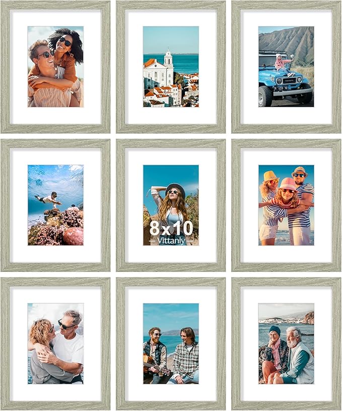 Vittanly 8x10 Picture Frames Set of 9, Shatter Resistant Plexiglass, Display 5x7 Pictures with Mat or 8x10 without Mat, Photo Frames for Wall or Tabletop, Engineered Wood, Driftwood