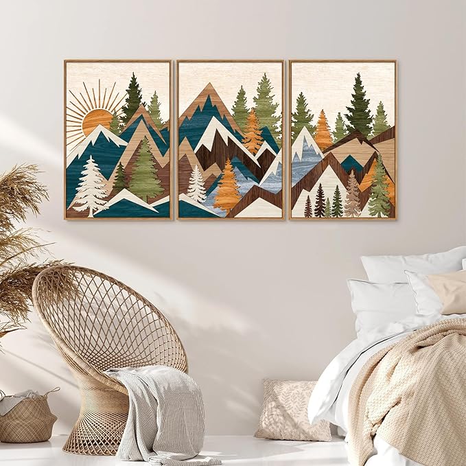 Tinonedraw Large Metal Mountain Framed Canvas Wall Art of 3, Boho Rustic Sunrise Forest Wall Decor, Modern Nature Country Artwork, Vintage Wilderness Art Print for Living Room Bedroom Office 16"x24"