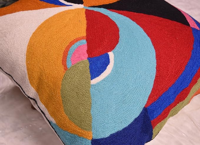 Delaunay Decorative Pillow Cover Joy Modern Couch Pillowcase Contemporary Couch Cushion Abstract Farmhouse Chair Pillowsham Hand Embroidered Wool Size 18x18