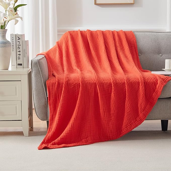 EMME Cotton Blanket Queen Size for Bed Soft Large Muslin Bed Blankets 90"x90" Lightweight Breathable All Season Gauze Blanket, Orange Rust