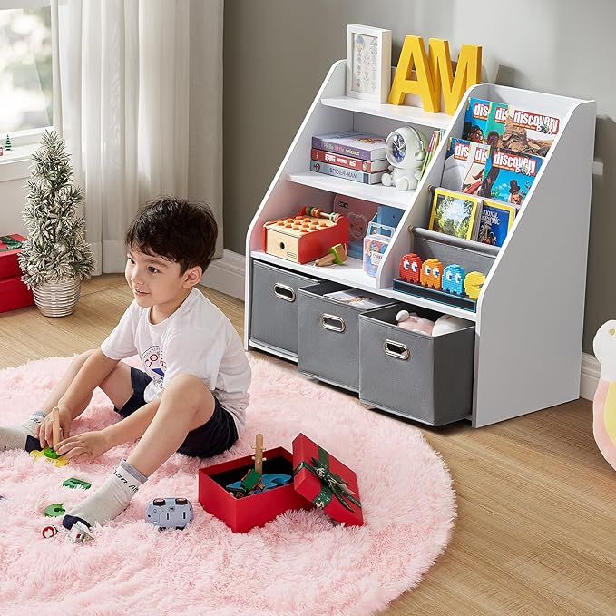 Kids Bookshelf, Kids Toy Storage Organizer with Storage Bins, Wooden Bookshelf and Book Display Shelf for Bedroom, Playroom, Nursery, Classroom, White