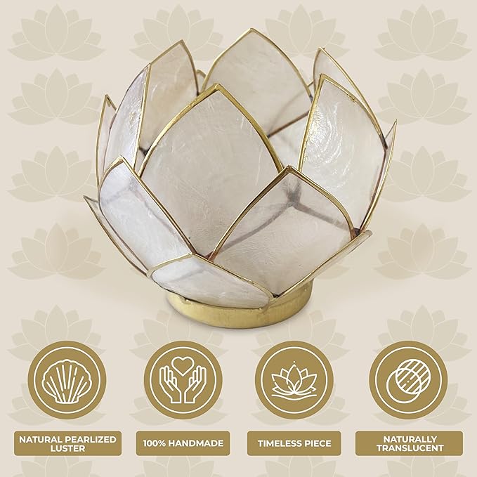 Blooming Lotus Capiz Shell Tealight Candle Holder, Handcrafted Decorative Tea Light Candleholder with Translucent Flower Petals for Ambient Illumination and Natural Elegance, Natural