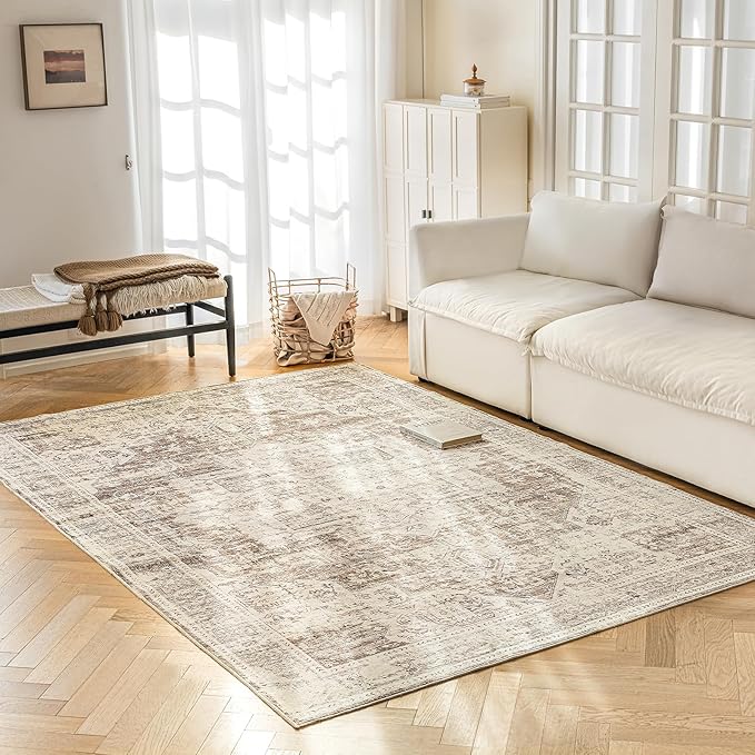 5'x7' Area Rug - Vintage Persian Medallion Design Low-Pile Faux Wool Rug, Non-Slip Backing, Machine Washable, for Living Room, Dining Room, Bedroom (Cream/Taupe)