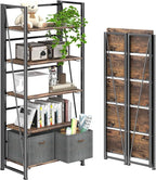 4NM No Assembly Foldable Bookshelf, 5-Shelf Collapsible Bookcase Storage for Small Spaces, 62.2" H, Rustic Brown and Black