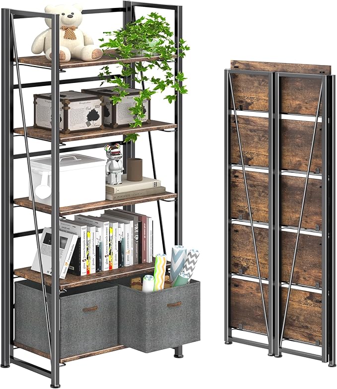 4NM No Assembly Foldable Bookshelf, 5-Shelf Collapsible Bookcase Storage for Small Spaces, 62.2" H, Rustic Brown and Black