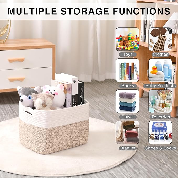 Storage Baskets for Organizing, Woven Cotton Rope Basket for Storage Books, Baby Organizing Baskets, Toy Storage Basket, 15"x11"x9.5", 3 Packs, Off White & Brown