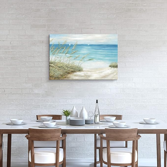 Beach Coastal Canvas Wall Art: Sea Reed Hand Painting Vintage Abstract Blue Ocean Boat Nautical Pictures Modern Seascape Grass Path Artwork Decor for Bathroom Bedroom