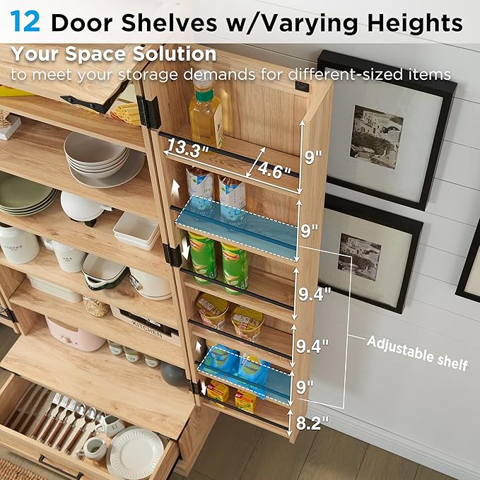 72" Tall Rattan Kitchen Pantry Cabinet with Drawer, Boho Storage Cabinet with 2 Rattan Doors and Shelves, Versatile Large Cabinet for Dining Room, Bathroom, Living Room, Laudry, Natural Oak