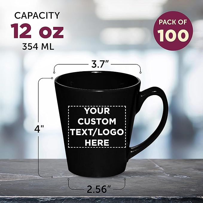 DISCOUNT PROMOS Custom Glossy Ceramic Latte Coffee Mug 12 oz. Set of 100, Personalized Bulk Pack - Perfect for Tea, Espresso, Cappuccino, Hot Cocoa - Black