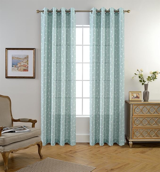MIUCO Floral Embroidery Semi Sheer Curtains Faux Linen Grommet Panels for Living Room 52 x 84 Inch 2 Panels Set, Subtle Green