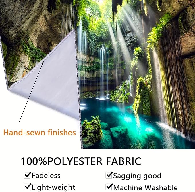 BSFHH Nature Tapestry Forest Tree Sea Cave Wall Hanging, Stream Through Rainforest Landscape Wall Art Tapestry for Bedroom Living room (Fall, 90"×70", Unframed)