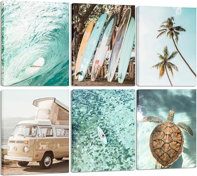Set of 6 Tropical Beach Canvas Wall Art Surf Poster Summer Ocean Coastal Pictures Turtle Print Palm Tree Surfboard Gallery Paintings Nautical Bus Wall Decor for Bedroom Bathroom Framed