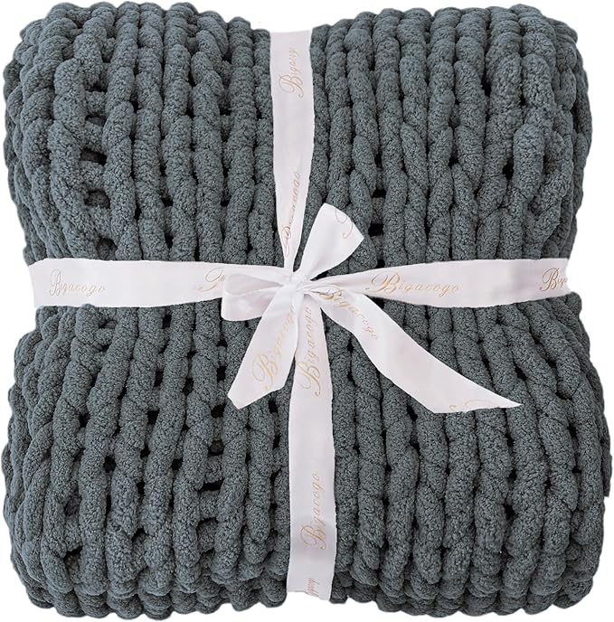 Bigacogo Chunky Knit Throw Blanket for Couch, 51x63 inches, 100% Hand Knitted with Thick Jumbo Chenille Yarn, Cozy Soft Large Rope Knot Cable Crochet Blankets for Sofa Bed Living Room, Iron Gray
