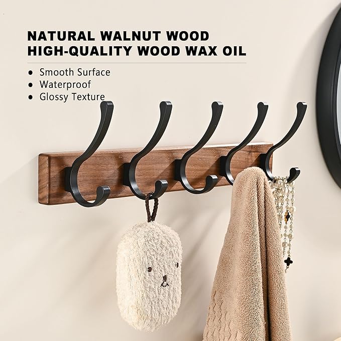 2 Pack 17.3" Small Wooden Coat Rack Wall Mounted with 5 Hooks, Entryway Wall Hooks Coat Hanger for Hanging Towel Clothes Hat Backpack Shoe Purse Key Holder Multi Hook Rail by Black Walnut Wood