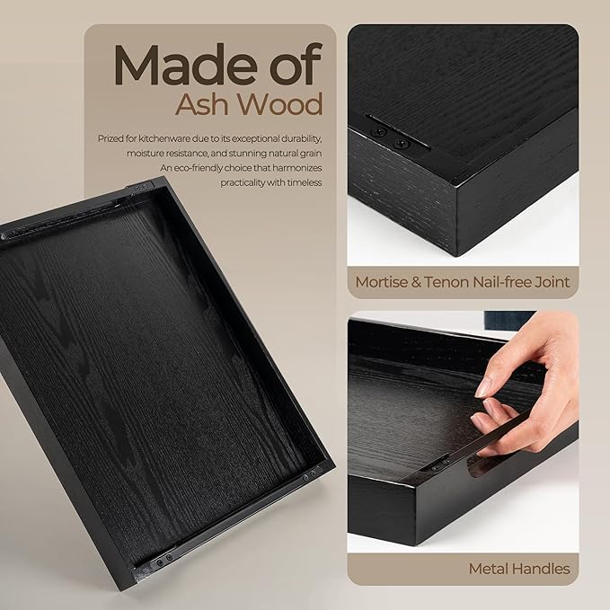 Axeman Wooden Serving Tray with Metal Handles|Ottoman Tray for Breakfast, Bed, Couch|17x13in Ash Wood Coffee Table Trays|Food Drinks Decorative Storage Boards for Ottoman Kitchen, Black
