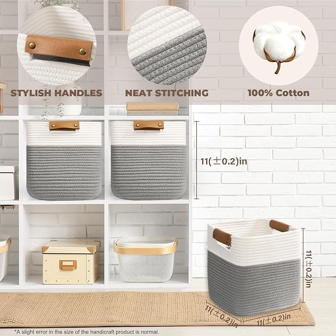 danpinera 3 Pack 11"x11" Woven Basket for Organizing, Square Storage Baskets for Pillows, Towels, Toy, Clothes, Magazines, Decorative Storage Cubes for Bedroom, Living Room, Classroom, Grey