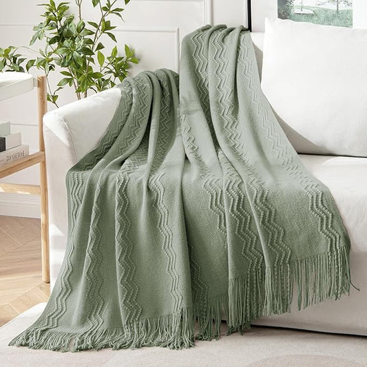 MIULEE Sage Knitted Throw Blanket for Couch Boho Green Textured Cozy Woven Decorative Farmhouse Blanket with Tassels for Sofa Chair Bed Living Room, Lightweight Spring Home Decor 50"x60"