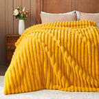 NEWCOSPLAY Faux Fur Twin Blanket Mustard Yellow 3D Ribbed Plush Thick Warm Blanket for Couch Sofa Bed 850GSM (Mustard Yellow Ribbed, Twin(60"x80"))