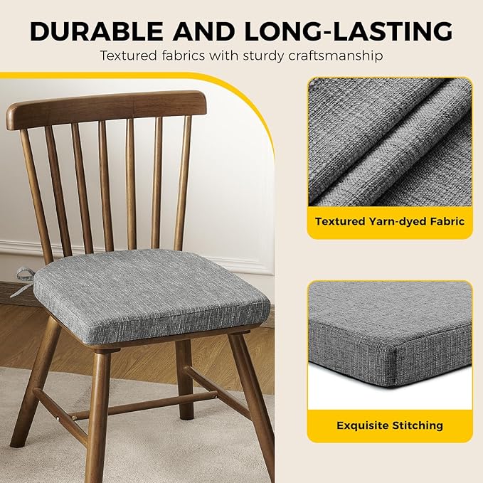 downluxe Indoor Chair Cushions for Dining Chairs, Soft and Comfortable Textured Foam Kitchen Chair Pads with Ties and Non-Slip Backing, 16" x 16" x 2", Dark Grey, 4 Pack