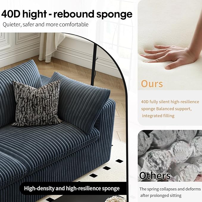 LoveSeat Cloud Couch Modular Sectional Sofa for Living Room,Modern Sofa with Deep Seat，2 Seater Boneless Couch with Ottoman,Comfy Upholstered Couches for Apartment, Studio, Office,Bedroom，Blue