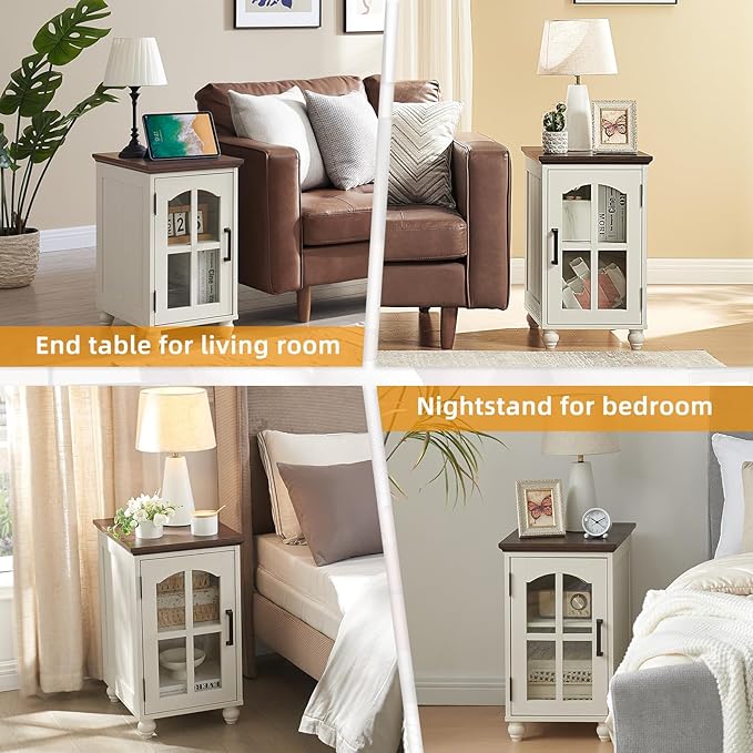 Narrow Side Table,Farmhouse Nightstand with Charging Station,Wood End Table with Glass Barn Door Storage, Cabinet Organizer with Adjustable Shelf, Night Stand for Small Spaces for Living Room Bedroom