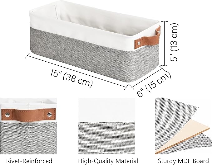 StorageWorks Narrow Storage Bins, Small Basket for Closet and Shelves, Fabric Organizer with Handles, Toilet Paper Storage, Grey and White, 2-Pack