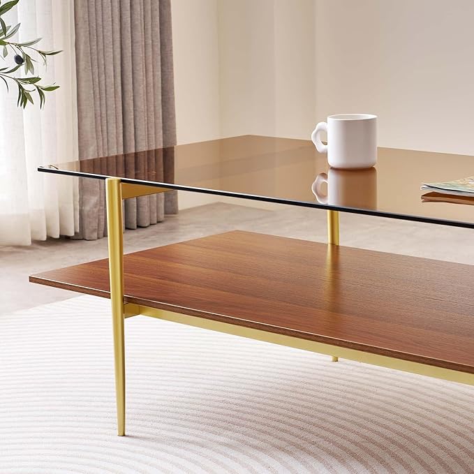Extra Large Rectangle Glass Coffee Table, Mid-Century Modern Design for Living Room, L47 x W24 x H17, Amber Glass Top and Walnut MDF Shelf, Sleek Conical Metal Legs with Gold Finish