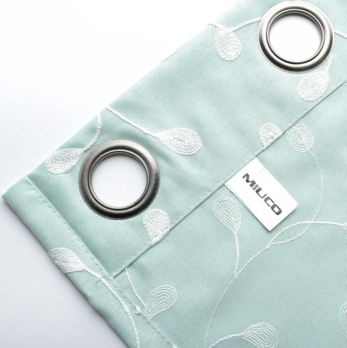 MIUCO Floral Embroidery Semi Sheer Curtains Faux Linen Grommet Panels for Living Room 52 x 84 Inch 2 Panels Set, Subtle Green