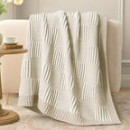 Amélie Home Chenille Knit Throw Blanket for Couch, Checkered Texture Decorative Soft Blanket for Sofa, Bed & Living Room, 50"x60", Khaki & White