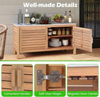 Goplus Patio Storage Cabinet, 2-Door Acacia Wood Storage Container with Faux Marble Top, Outdoor Wooden Sideboard for Deck, Garden, Lawn and Backyard