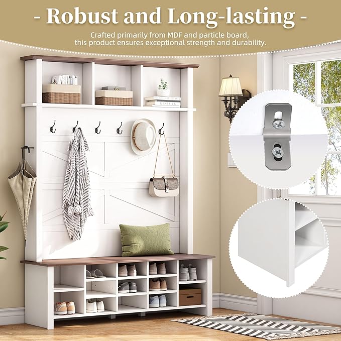 Ball & Cast 4-in-1 Hall Tree with 6 Hooks,Walnut Entryway Bench with Adjustable Shelves,Rustic Shoe Organizer with 16 Open Compartments,for Mudroom,Living Room,Hallway,White