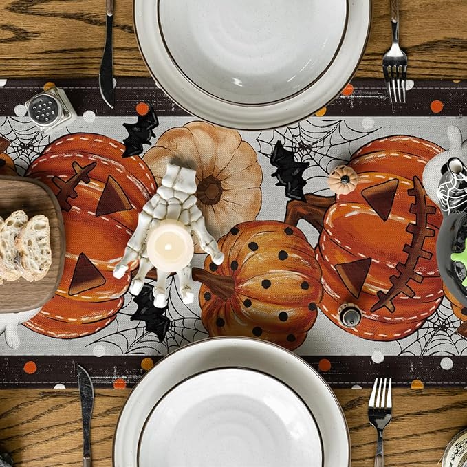 Artoid Mode Jack-O'-Lantern Pumpkin Ghost Spider Web Halloween Table Runner,Holiday Kitchen Dining Table Decoration for Home Party Decor 13 x 108 Inch