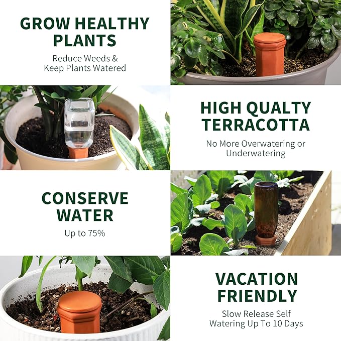 Large Terracotta Watering Spikes with Lids, Automatic Plant Waterer Outdoor | Indoor, Vacation Friendly Clay Plant Watering Devices System, Slow Release Self Watering Planter Insert, 6 Pack