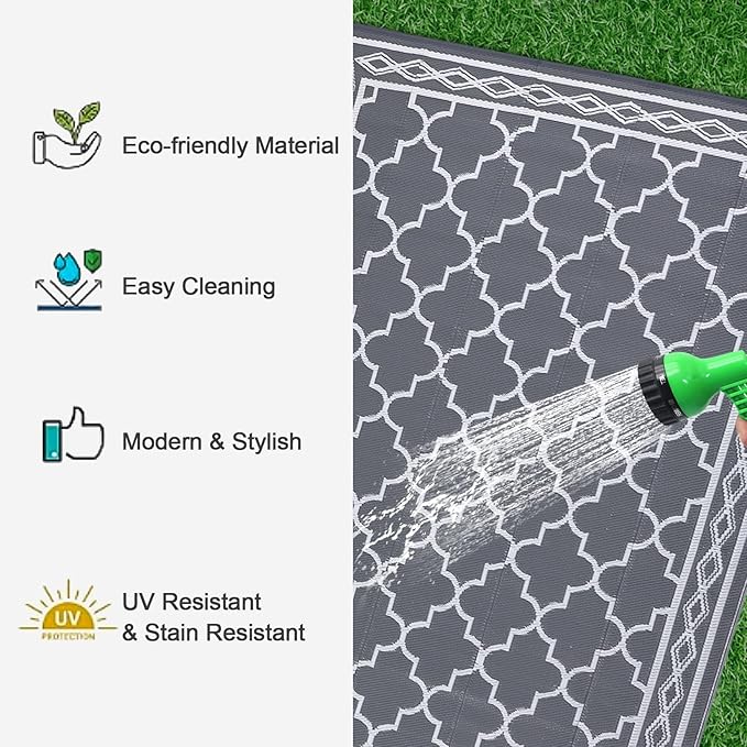 GAOMON Reversible Outdoor Rug 9'x18' Waterproof Plastic Straw Rug, Patio Rug, Large Modern Area Rug Carpet, Indoor Outdoor Rugs for Camping, Porch, Deck, Balcony, Backyard, Grey/White(Geometric)