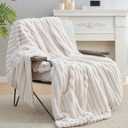 Amélie Home Faux Fur Throw Blanket for Couch, Cozy Fuzzy Fluffy Fur Luxurious Soft Striped Plush Gift Blankets for Family Sofa Chair Bed Living Room Bedroom, 55"x70", Ivory