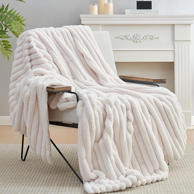 Amélie Home Faux Fur Throw Blanket for Couch, Cozy Fuzzy Fluffy Fur Luxurious Soft Striped Plush Gift Blankets for Family Sofa Chair Bed Living Room Bedroom, 60"x80", Ivory