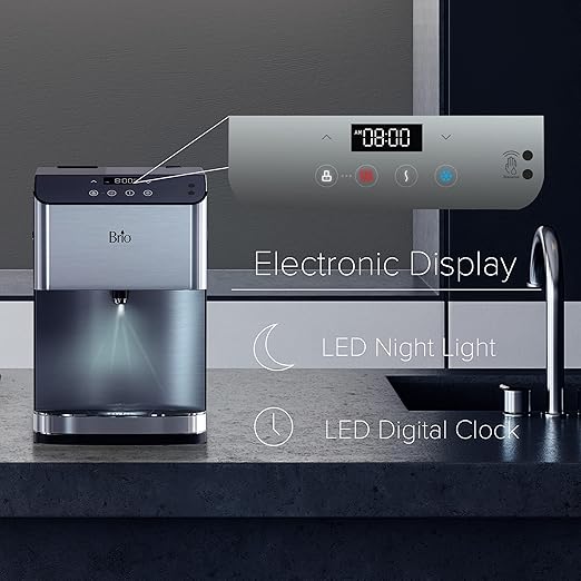 Brio 700 Series Moderna 3-Stage Filter Reduces PFAS & MicroplasticsTouch-Less Countertop Bottle-Less POU Tri-Temperature Digital Water Cooler Dispenser