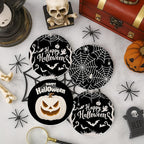 Coaster for Drinks Set of 6, Happy Halloween Pumpkin Spider Web Black Absorbent Round Ceramic Stone Mat, with Cork Base and Metal Holder, Gift for Housewarming Room Bar Decor
