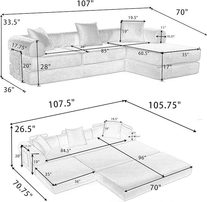 107" Oversized Convertible Sleeper Sofa Bed, Corduroy L Shape Sectional Couch, Folding Sofa Bed with Side Pocket, Modern Cloud Floor Mattress Couch, Modular Sofa for Living Room, Red