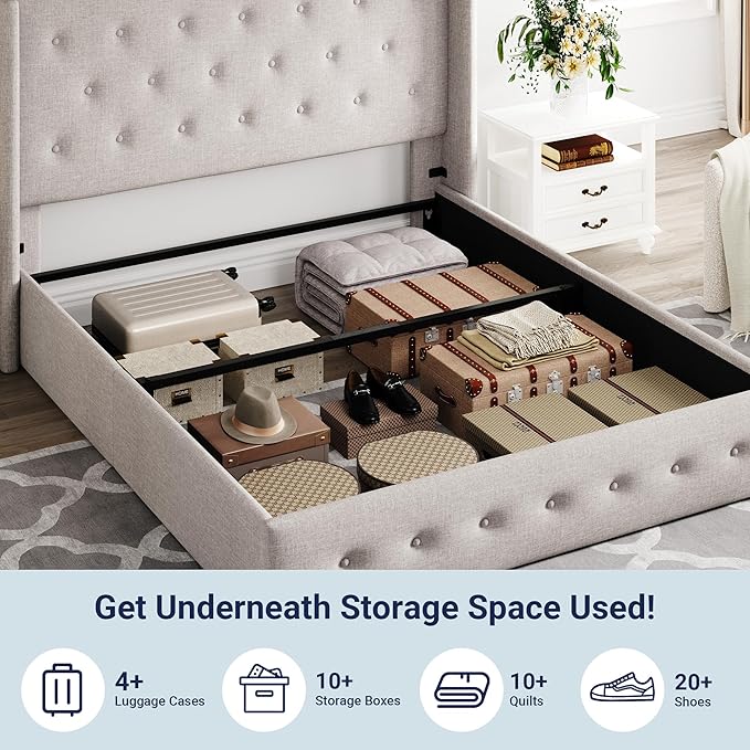 Allewie Queen Size Lift Up Storage Bed, Button Tufted Headboard with Wingback, Hydraulic Support, No Box Spring Needed, Light Beige