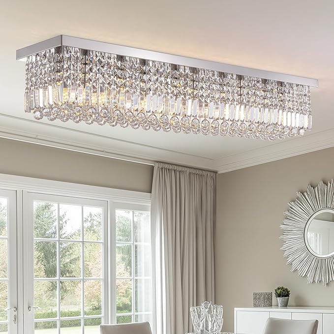 Luxury Lighting Fixture Chandelier Rectangular with Raindrop Crystals Pendant Light Fixture 10-Lights Modern Crystal Rectangle Flush Mount Chandelier for Living Room Dining Room Bar L47 Inch